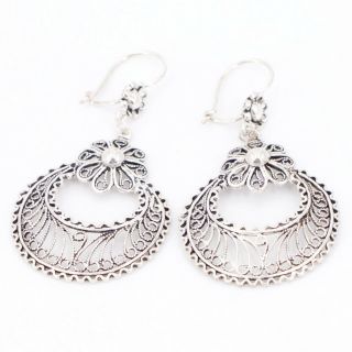 Vtg Sterling Silver - Turkey Dgs Filigree Flower Dangle Earrings - 10g