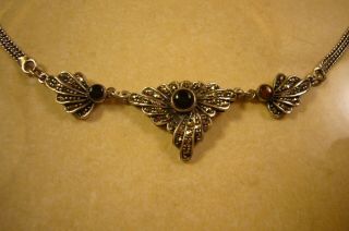 ⚜️ Vintage Art Deco Sterling Silver Black Onyx Baltic Amber Marcasite Necklace