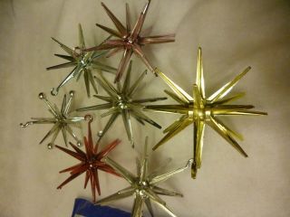 7 Vintage Plastic Bradford? Christmas Ornaments Stars Starburst Sputnik Atomic