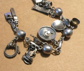 Vintage Mexico Sterling Silver Charm Bracelet With 9 Charms