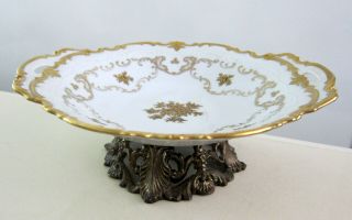 Vintage Reichenbach Fine China Footed Cake Plate Gold Rose Flowers Germany