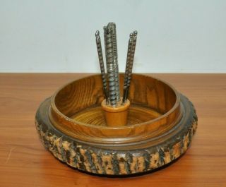 Vintage 60’s Nut Cracker Rustic Bowl Set,  6 Picks,  1 Cracker.  Wood With Bark On