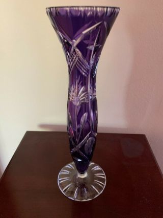 Vtg.  Bohemian Amethyst Cut To Clear Glass Crystal Footed Vase
