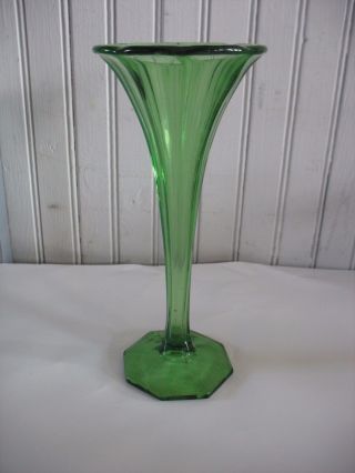 Vintage Green Depression Glass Trumpet Vase 8 3/4 "