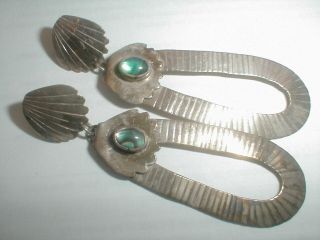 Vintage Navajo Sterling Silver Old Pawn Long Opal Green Abalone Loop Earrings