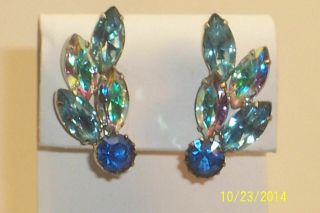 Vintage Blue & Rainbow Ab Coated Rhinestone Clip On Earrings