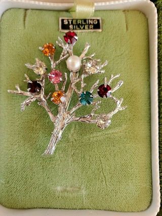 Vintage Sterling Silver Tree Of Life Abstract 11 Gemstones Pin Brooch
