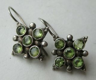 Vtg Sterling Silver Green Peridot Gemstone Pierced Drop Hook Earrings