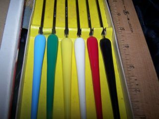Vintage 6 Piece Fondue Fork Set Stainless Steel Tapered Colored Handles,