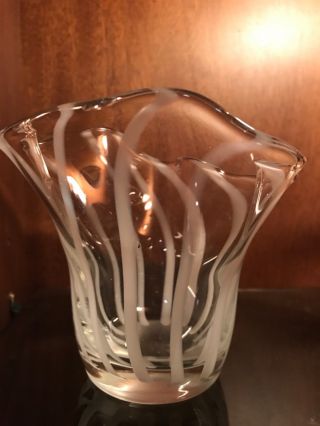 Vintage Blown Glass Fluted White And Clear Swirl Candy Dish Vase Center Piece
