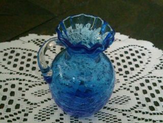 Small Blue Crackle Glass Pitcher Ruffled Top & Clear Glass Handle Vintage