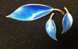 Vintage David Andersen Blue Enamel Leaf Brooch & Earrings Set