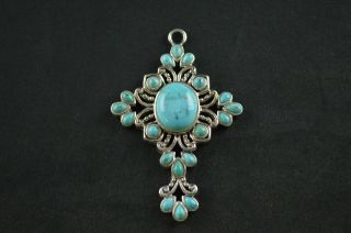 Vintage Sterling Silver Cross Pendant W Turquoise Stones - 17.  4g