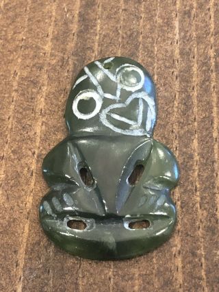 Vintage Carved Green Jade Maori Hei - Tiki Pendant Amulet