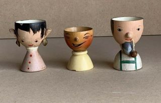 Vintage Sevi Italy Cute Man Woman Child Wood Wooden Egg Cups Hand Painted Kitsch