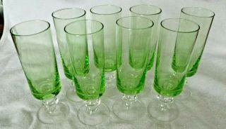 Set Of 8 Vintage Green Depression Cordial Shot Glasses 5 " Tall Clear Stem & Foot