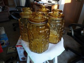 Vintage L E Smith 9 " Atterbury Scroll Honey Amber Glass Canister Set Of 4