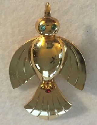Vintage Coro Flying Bird Brooch Pin Figural Gold Tone Rhinestone Eyes 2.  5 "