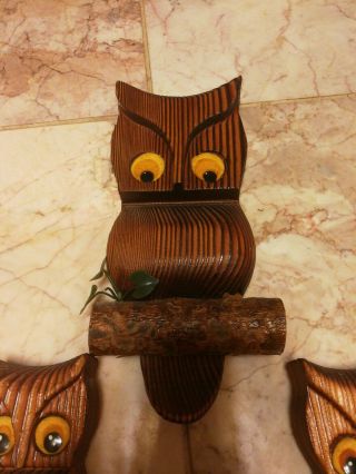 Set Retro Vintage Mid Century Owl Art Hand Carved Wood Burned Wall Hanging 2