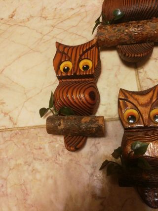 Set Retro Vintage Mid Century Owl Art Hand Carved Wood Burned Wall Hanging 3