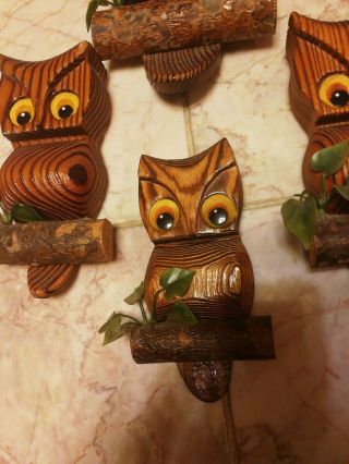 Set Retro Vintage Mid Century Owl Art Hand Carved Wood Burned Wall Hanging 4
