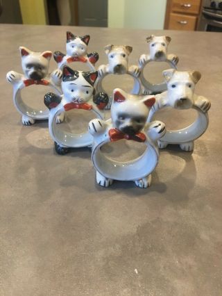 Vintage Set Of 7 Porcelain Cat Dog Napkin Rings Painted Japan