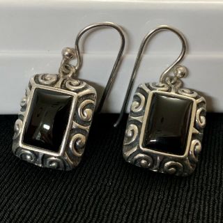 Vtg Barse Black Onyx Sterling Silver Hook Dangle Earrings Repousse Square 1.  25”