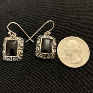Vtg Barse Black Onyx Sterling Silver Hook Dangle Earrings Repousse Square 1.  25” 2