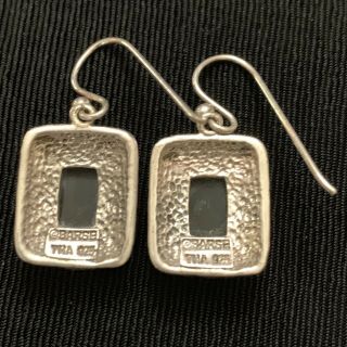 Vtg Barse Black Onyx Sterling Silver Hook Dangle Earrings Repousse Square 1.  25” 4
