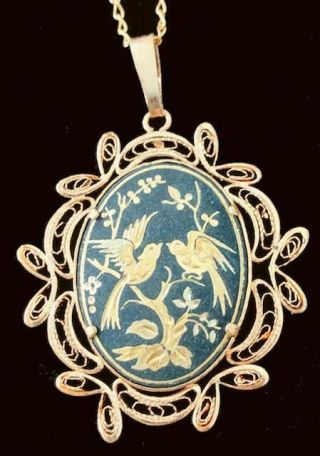 Vintage Spanish Damascene Filigree Bird Pendant/necklace,  Fjt