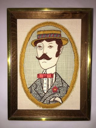 Vintage Framed Finished Crewel Needlework Embroidery Applique Picture Dapper Man