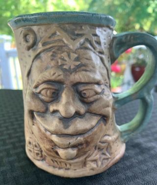 Vintage Jim Rumph Studio Pottery Ogre - Troll Mug W/ Frog Inside & Double Handle.