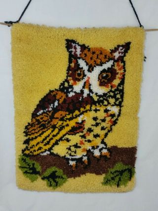 Vintage Latch Hook Owl Wall Hanging Complete Large 20x27 Retro Rug