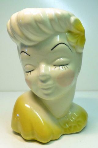 Vintage Lady Head Vase Sz - 6 " T X 4 1/4 " Hand Painted Yellow Top 5