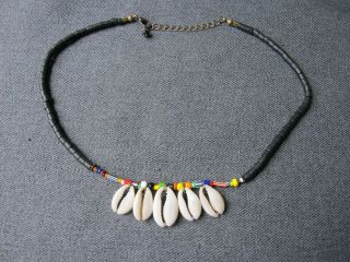 Vintage Ethnic Cowrie Shells Color Glass & Pottery Beads Choker Collar Necklace
