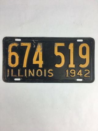 Vintage 1942 Illinois Stamped Metal License Plate 674519 Land Of Lincoln
