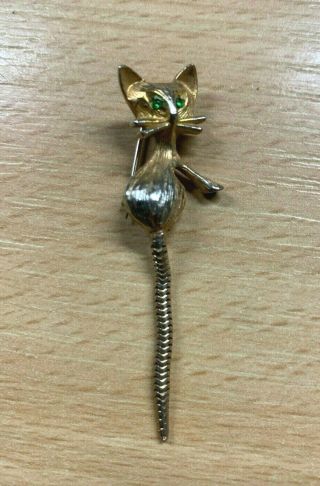Vintage Cat 2.  25 " - Long Golden Metal Brooch With Flexible Tail