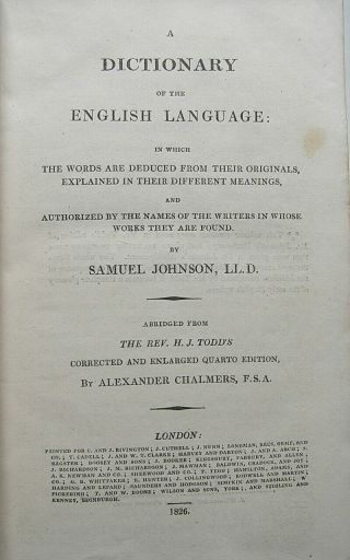 1826 DR.  JOHNSON ' S A DICTIONARY of the ENGLISH LANGUAGE Samuel Johnson LEATHER 4