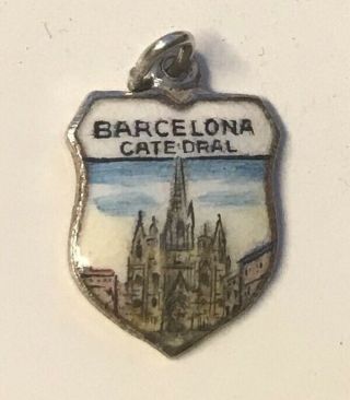 Vintage Barcelona Cathedral.  Spain.  Silver Enamel Shield Travel Charm.