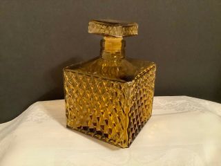 Vintage Amber Brown Pressed Glass Diamond Cut Square Bottle Decanter W/stopper