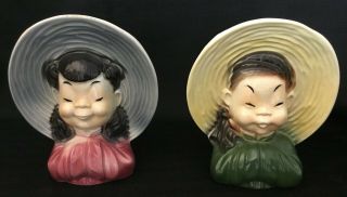 Vtg 1950s Royal Copley Pair Oriental Boy & Girl Head Wall Pockets Vase Planters