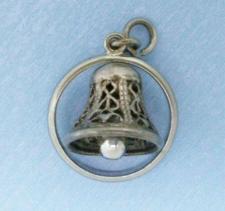 Vtg Sterling Silver Movable Wedding Bell & Wedding Ring Charm,  Pendant Or Ring