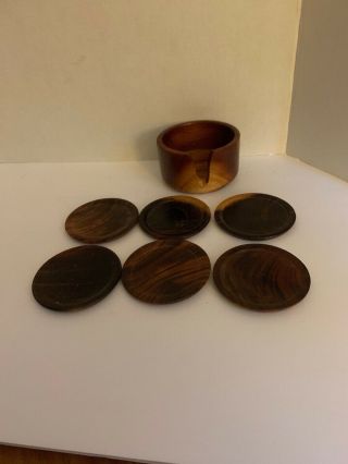 Teak Wood Drink Coasters Vintage Set Of 6 W/holder