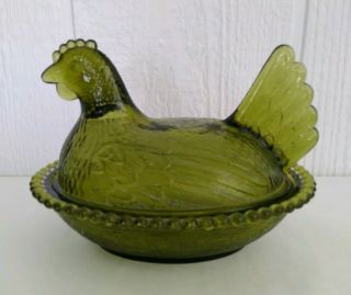 Vtg Indiana Green Depression Glass Chicken Hen On Nest Covered Candy Dish & Lid