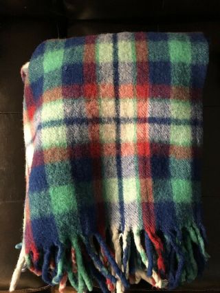 Vtg Wool Plaid Throw Blanket 54 X 60 Red Green Blue Fringed