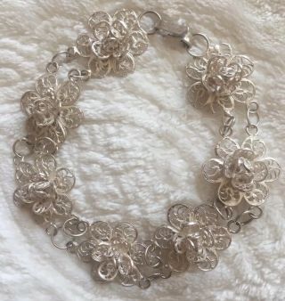 Vintage 925 Sterling Silver Blooming Flower Filigree Panel Link Bracelet 8”
