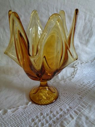 Vintage Viking Amber Glass Pedestal Compote Bowl Vase Centerpiece 6 Petal