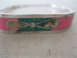 VINTAGE MEXICAN SILVER CUFF BRACELET W/ MOTHER OF PEARL & TURQUOISE CENTER 2