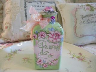 Shabby Chic Hand Painted Roses - Vintage Parfum Bottle With Jewels