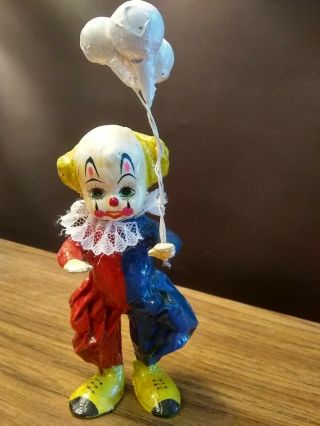 Vintage 7 Inch Paper Mache Circus Clown Creepy Holding Balloons (bb)